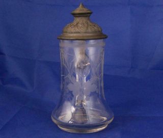 Antique German/bohemian Glass Beer Stein Nicely Engraved Art Nouveau C.  1900