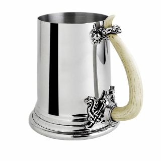 Alchemy Gothic Viking Horn Traditional Carved Polished Pewter Mount Pint Tankard