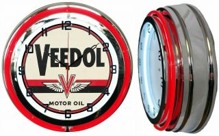 Veedol Motor Oil 19 " Double Neon Clock Red Neon Chrome Finish