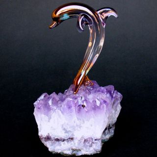 Dolphin Figurine Sculpture Blown Glass Amethyst Crystal