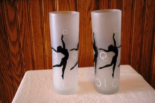 Art Deco Dancing Nudes Pair Frosted Highball Drinking Glass Graphiglass Barware