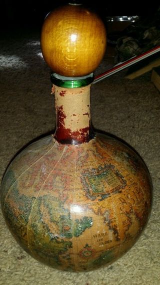 Vintage Glass Wine Decanter W/ Wooden Cork.  Old World Globe Map,  Made In Italy