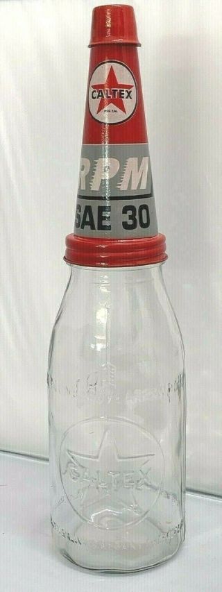 Old Style - 1 Quart Glass Caltex Rpm Sae 30.  Oil Bottle,  Metal Pourer & Cap.