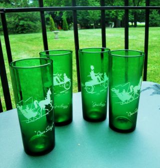 Anchor Hocking Forest Green Christmas Holiday Open Sleigh & Gas Buggy Tumblers 4