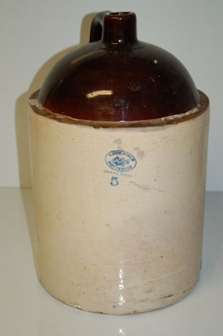 Vintage 5 Gallon 18 " Stoneware Jug Marked Love Field Potteries Dallas,  Tx