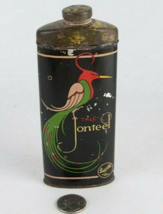 Vtg Jonteel Liggetts Talc Powder Exotic Bird Art Deco Tin Can Container