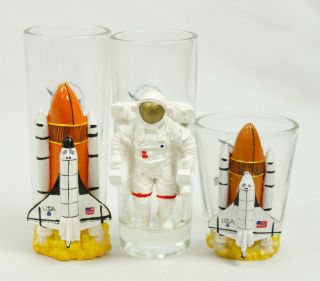 Nasa Johnson Space Center Spaceship Astronaut Tall Short Shot Glass Set Of 3