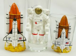 NASA Johnson Space Center Spaceship Astronaut Tall Short Shot Glass Set of 3 2