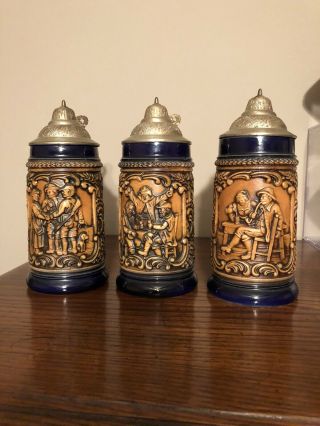 Rare 1800s Antique Trio Of German Beer Steins With Pewter Lid (dbgm)