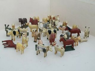 36 Miniature German Putz Erzebirge Hand Painted Carved Wood Cows Horses Plus