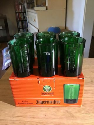 Jagermeister Set Of 6 Jager Green Glass Shot Glasses W/ Embossed Logo -