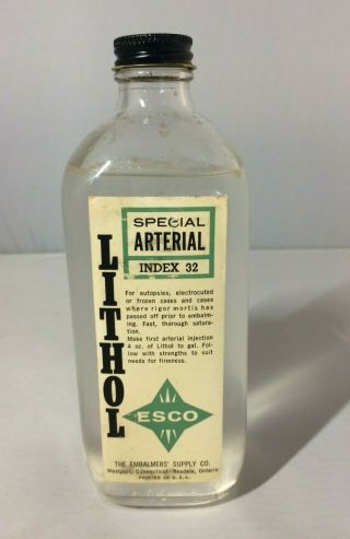 Rare Vintage Lithol Special Arterial Embalming Fluid Bottle W/content Esco Nos