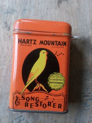 Vintage Tin Hartz Mountain Canary Bird Food Song Restorer Metal Box,  V Cond