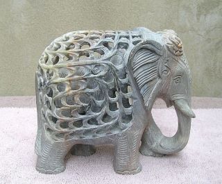 Stone Carved Elephant Figurine & Her Baby Inside One Piece Stone,  Unmarked 6 " H.