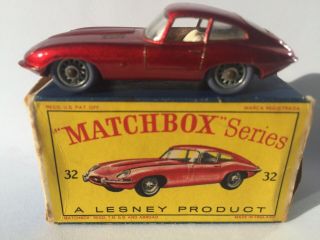Matchbox Lesney 32 B1 ‘e’ Type Jaguar Grey Tyres & Orig Type D1 Box (model)