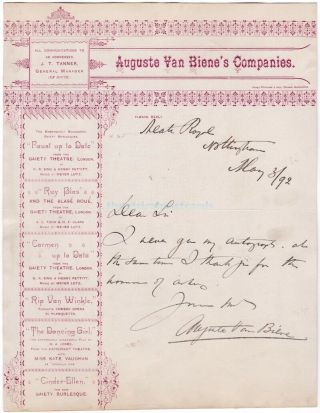 Stage Actor And Cellist Auguste Van Biene.  Signed Letter Nottingham 1892