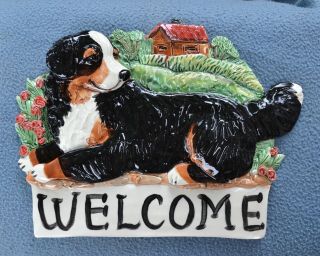 Bernese Mountain Dog.  Handsculpted Ceramic Welcome Sign.  Ooak.  Look