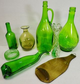 8 Vintage Green Glass Wine Bottles Slumped Bottle Spoon Rest & Cheese Tray Bowl