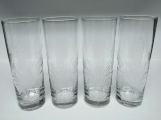 Set Of 4 Wheat Etched Collins Highball Drinking Crystal Glasses 8 " Tall Rare