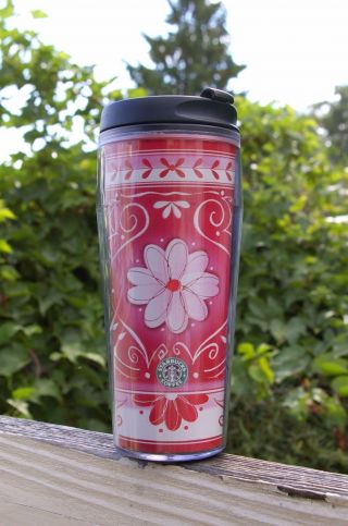 Starbucks Coffee Company 2002 / 2003 Red 16oz Travel Tumbler Cup Flowers Floral