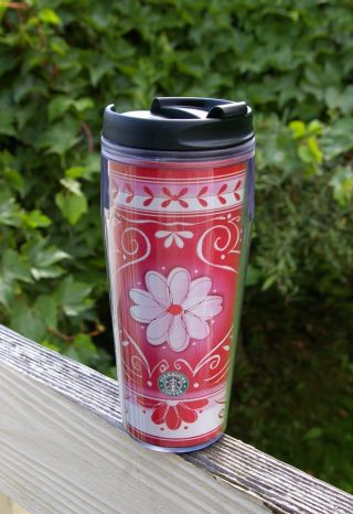 Starbucks Coffee Company 2002 / 2003 Red 16oz Travel Tumbler Cup Flowers Floral 2