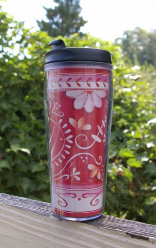 Starbucks Coffee Company 2002 / 2003 Red 16oz Travel Tumbler Cup Flowers Floral 6