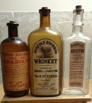 Old Medicine Bottle Hand Crafted,  Lg.  Cannabis,  Anodyne W/opium,  Med Whiskey 8 - 9 "