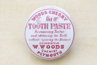 Vintage C1900s Woods Chemist Plymouth Devon 6d Cherry Toothpaste Potlid,  Base Pot