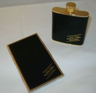 Johnnie Walker Black Label Gold Tone Cigarette Case & Hip Flask 1/2 Oz.  (empty)