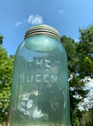 Vintage Aqua 1/2 Gallon The Queen Fruit Jar Bottle