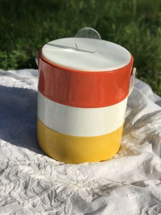 Vintage Orange White & Yellow Vinyl Ice Bucket With Lucite Topper Barware