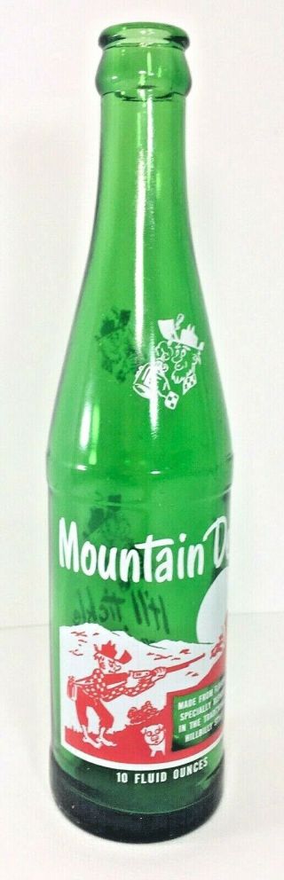 Mountain Dew Soda Pop Glass Bottle Green 1965 Vintage Hillbilly Pig