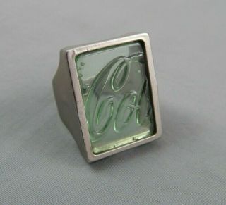 Vintage Green Glass Coca Cola Logo Statement Novelty Ring Reclaimed Bottle ? Sz