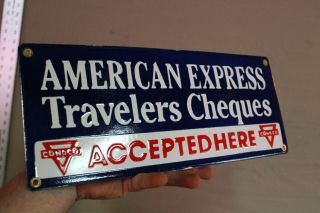 Conoco Gasoline American Express Travelers Porcelain Sign Gas Oil Car Farm
