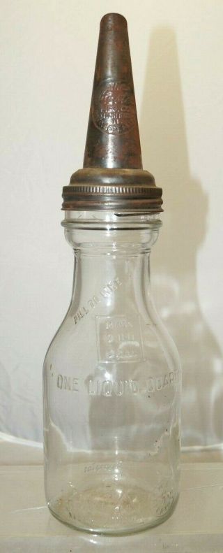 1940s Era Antique Vintage Embossed Glass 1 Qt Motor Oil Bottle W/ Master Spout 3