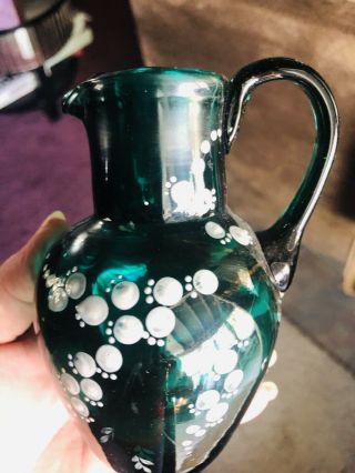 STUNNING ANTIQUE OPEN PONTIL TEAL CREAMER HAND PAINTED LILY OF THE VALLEY 5