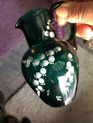 STUNNING ANTIQUE OPEN PONTIL TEAL CREAMER HAND PAINTED LILY OF THE VALLEY 6