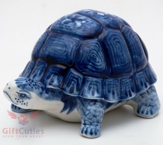 Porcelain Gzhel Tortoise Turtle Figurine Penny Box Piggy Bank Handmade