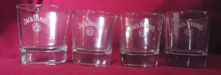 Jack Daniels Whiskey Old No.  7 Rock Glass Etched Squared 4” Set Of 4 Heavy Base