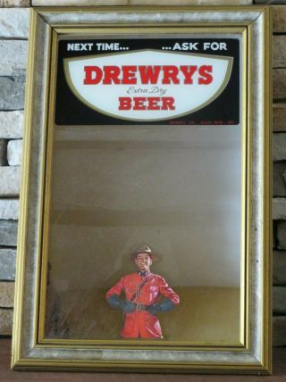 Drewerys Extra Dry Beer Mountie Rog Mirrored Advertising Bar Store Sign Indiana