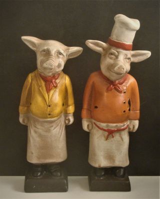 Vtg French Chef,  Sous Chef Pig Bookends Figurines - 11 "