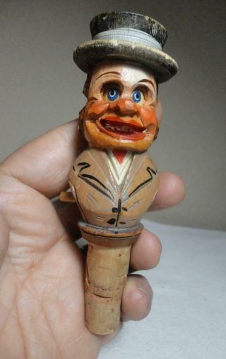 Anri ? Wood Carved Folk Art Mechanical 2 Face Man Cork Bottle Topper