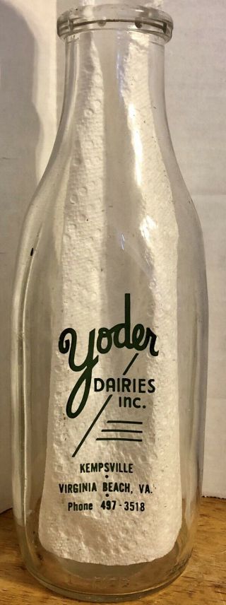 Vintage Yoder Dairy One Quart Milk Bottle Kempsville Virginia Beach Va Green Let
