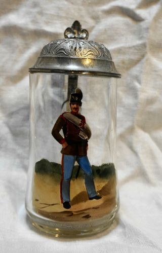 Hand Painted Blown Glass Stein Pewter Lid Soldier Decoration 0.  3l