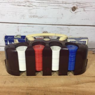 Vintage Midcentury Poker Chip Caddy Oval W/ Plastic Chips And 2 Card Decks