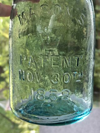 Whittled Ball Blue Keystone Midget Pint Mason Fruit Jar 1858 3