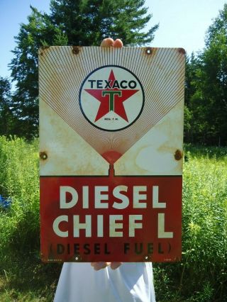 Old Large 1947 Texaco Diesel Chief L Porcelain Enamel Sign