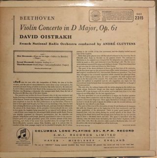 SAX 2315 David Oistrakh Beethoven Violin Concerto Cluytens B/S First UK Issue 2