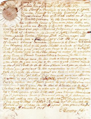 1716,  Boston,  Mass; Ebenezer Brenton Signed Writ,  Butcher Hauled Off To Jail