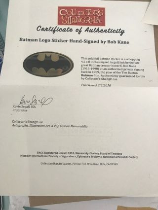 Authentic Bob Kane Signed Batmat Sticker With Certificate Of Authenticity